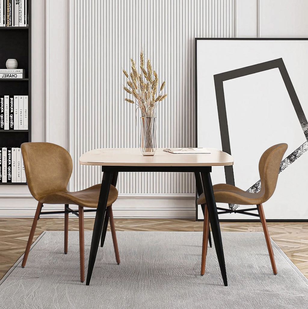 18" Mid Century Leather Dining Chairs, Wood Legged, Set of 2, Brown C61179