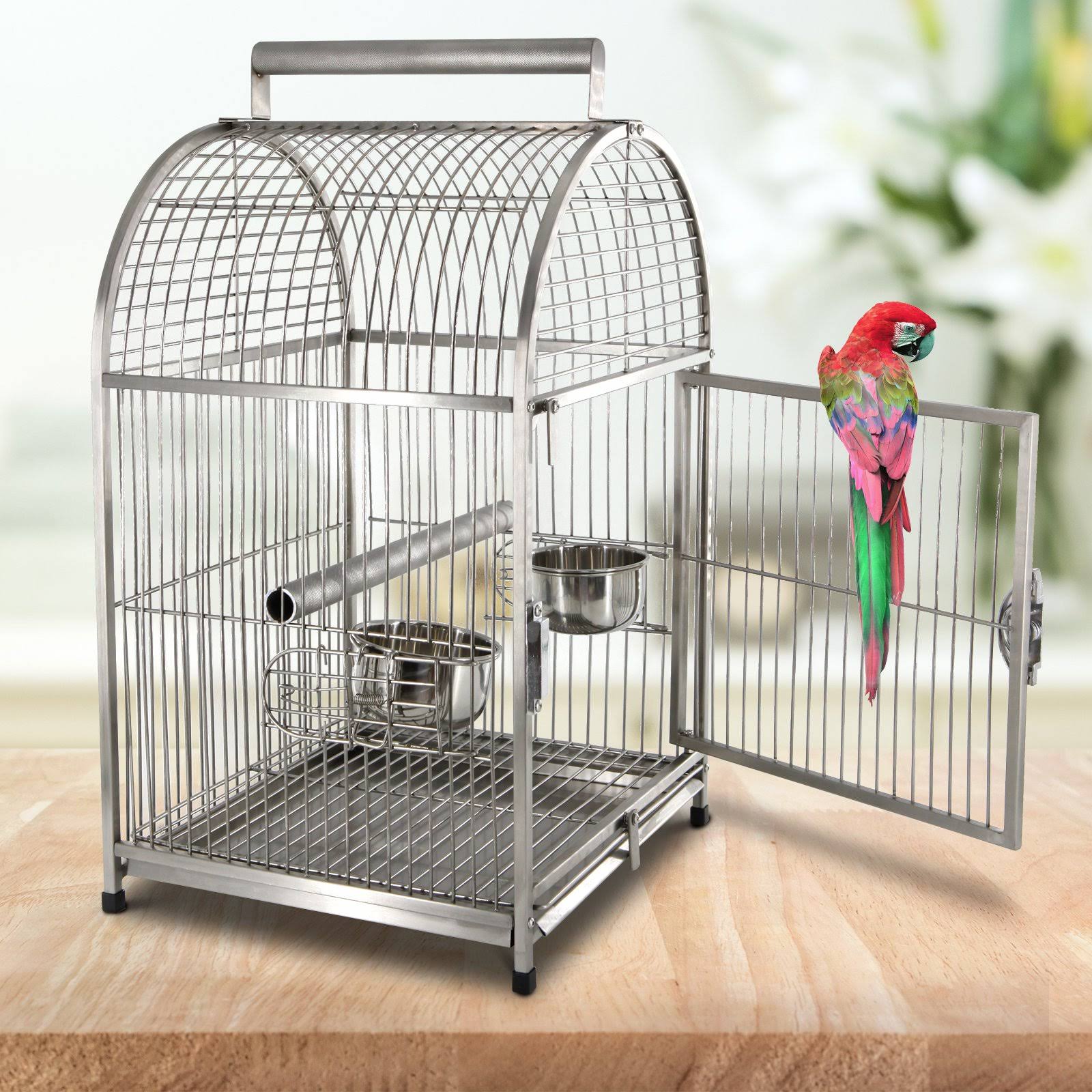Stainless Steel Parrot Travel Cage Bird Cage Carrier with Handle Perch U919