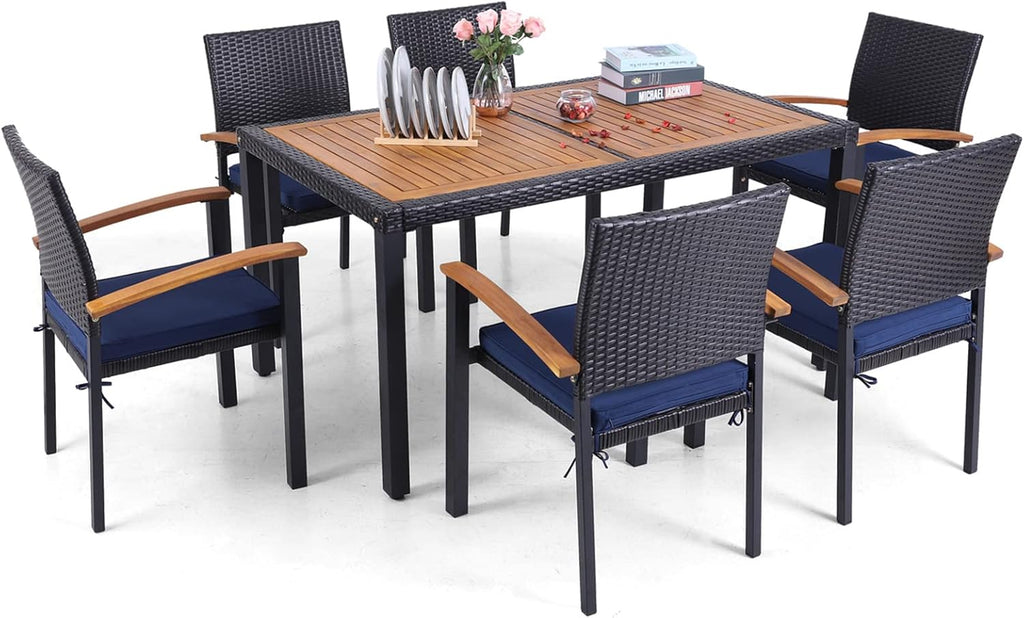 6 Pieces Patio Dining Set with PE Rattan Chairs, Cushions, Rectangle Acacia Wood Table and Bench Z1548