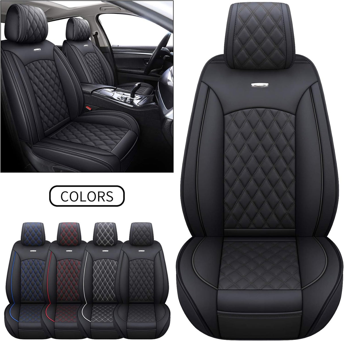 Waterproof Leather Car Seat Covers Full Set Black-Blue D238586
