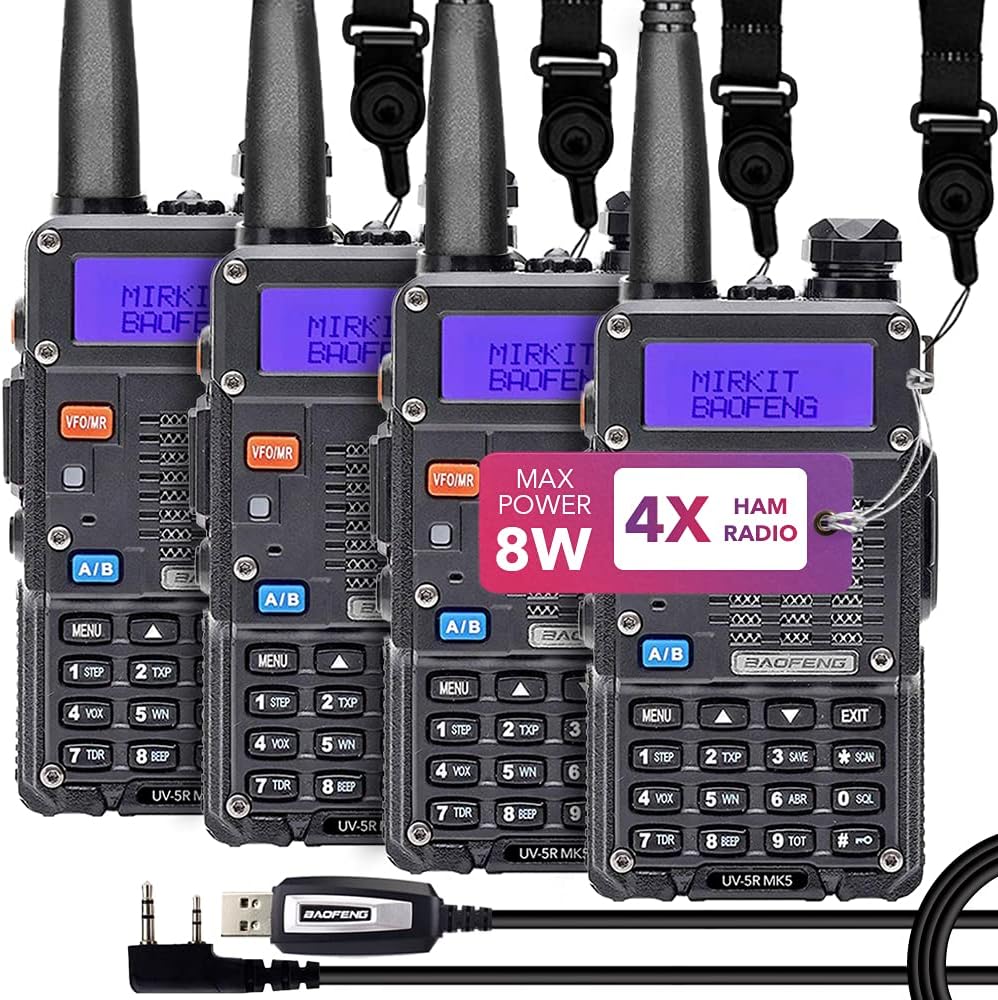 4X Ham Radios 8 Watt Max Power with Lanyards 1800 mAh Li-ion Battery and Programming Cable M6679