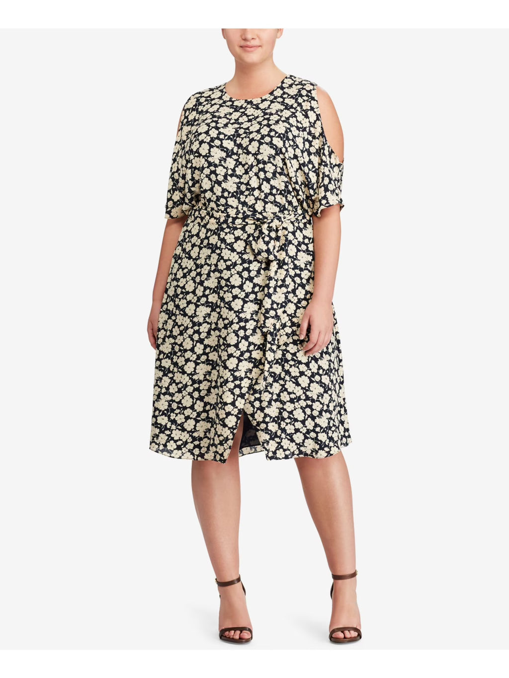Navy Floral Short Sleeve A-Line Dress Plus 16W W768244