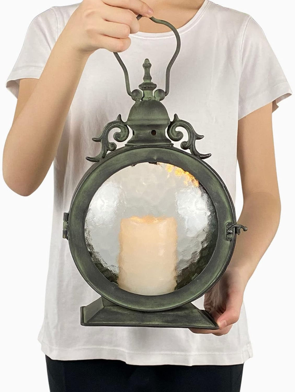 Metal Round Hanging Candle Lantern with Curved Glass Insert B5700
