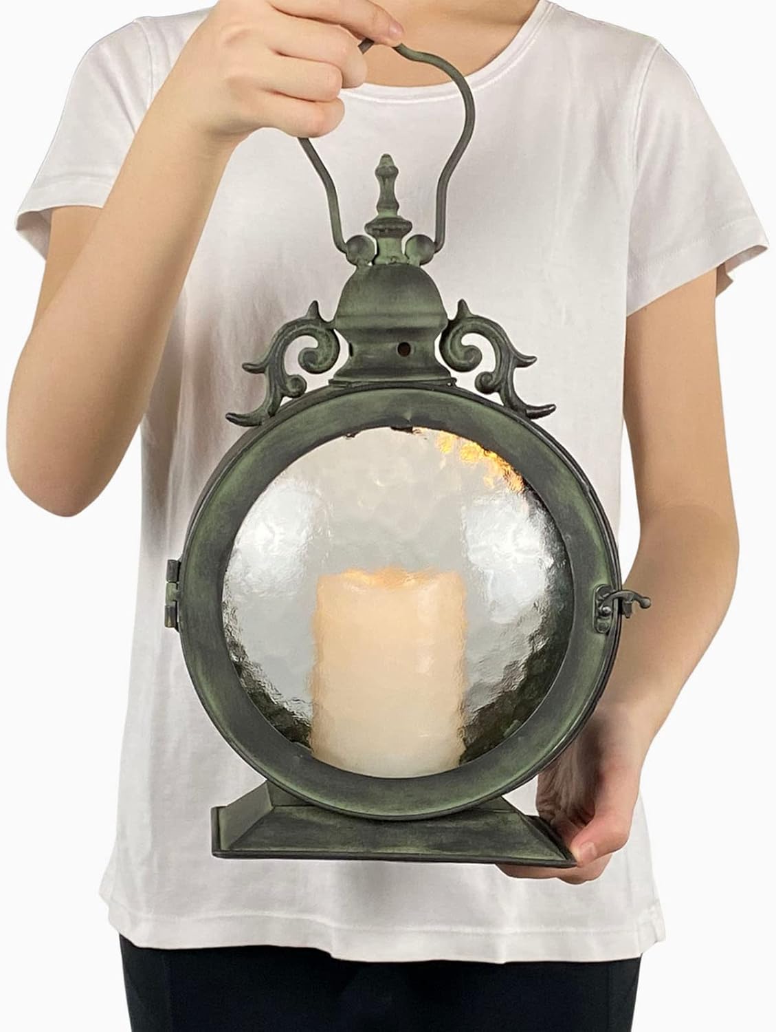 Metal Round Hanging Candle Lantern with Curved Glass Insert B5700