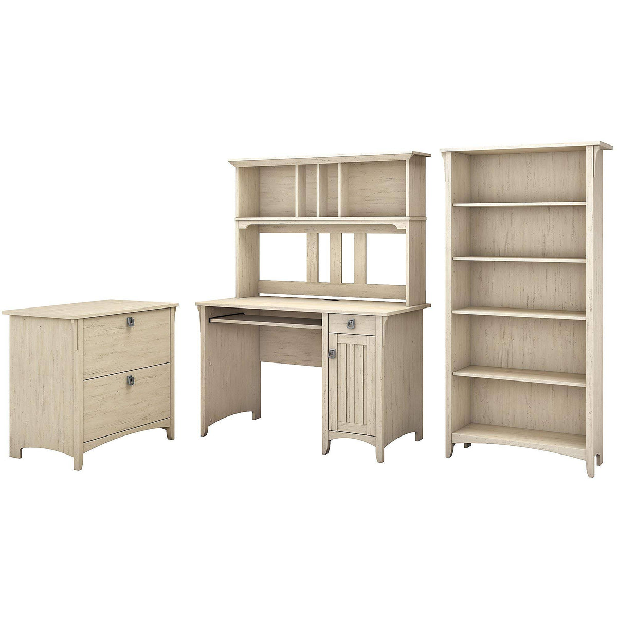 Antique White Desk with Hutch Lateral File Cabinet and 5 Shelf Bookcase A43701