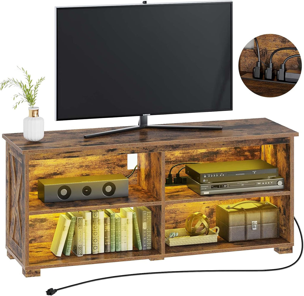 Walnut TV Stand with Power Outlet and LED Lights T242