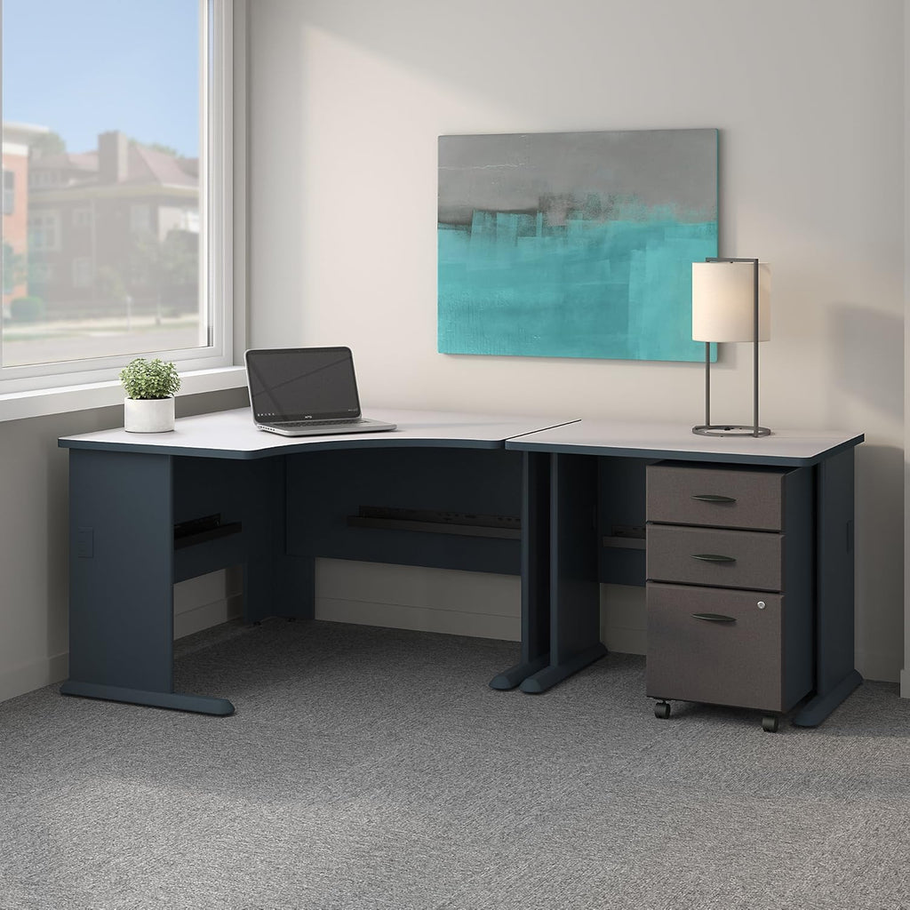 Corner Desk with Mobile File Cabinet in Pewter and White T9218