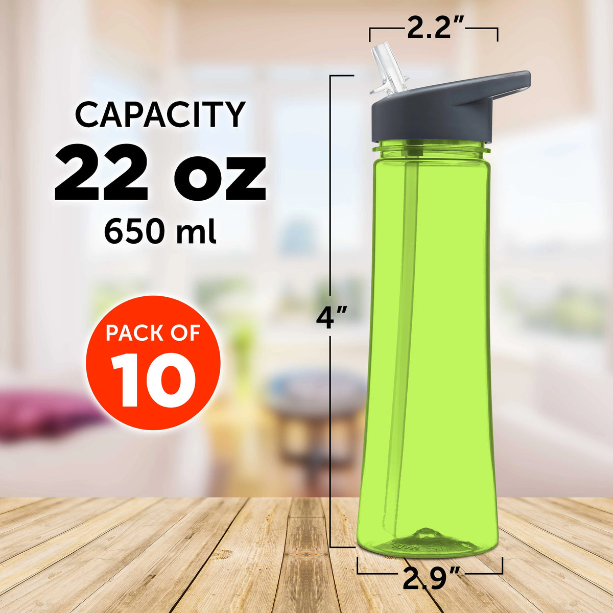 22 oz Plastic Bottles with Drink Spout, Set of 10, Lime Green B83524