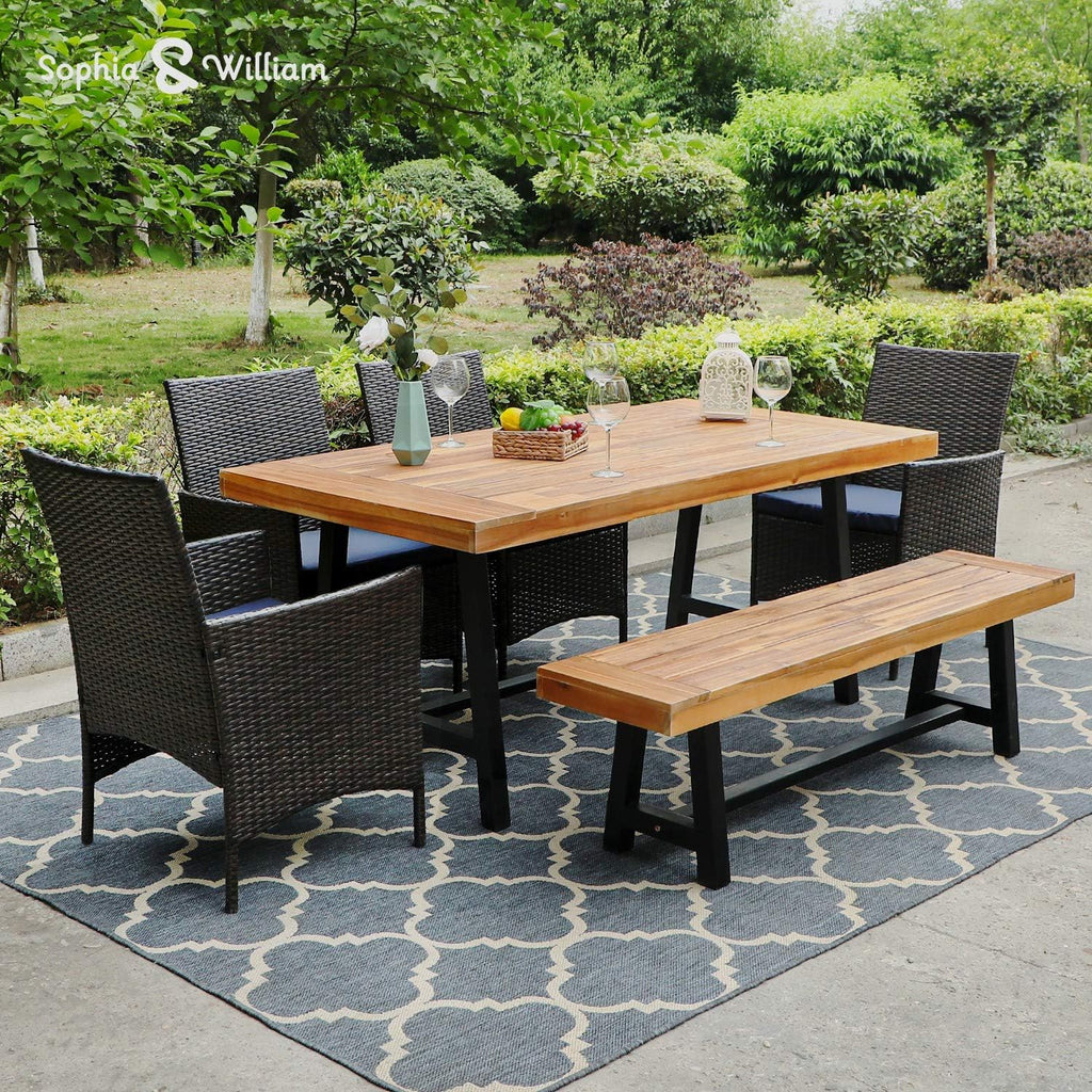 6 Pieces Patio Dining Set with PE Rattan Chairs, Cushions, Rectangle Acacia Wood Table and Bench Z1548