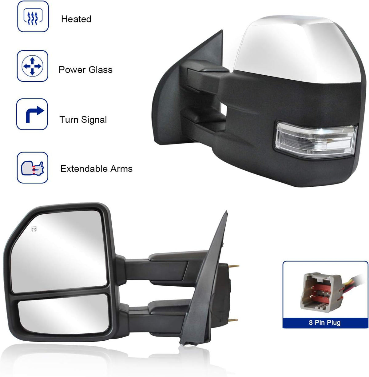 Towing Mirrors for Ford F150 Pickup Truck 2015-2019, Power Heated with Turn Signal, 8 Pin Plug, Black Cap J861