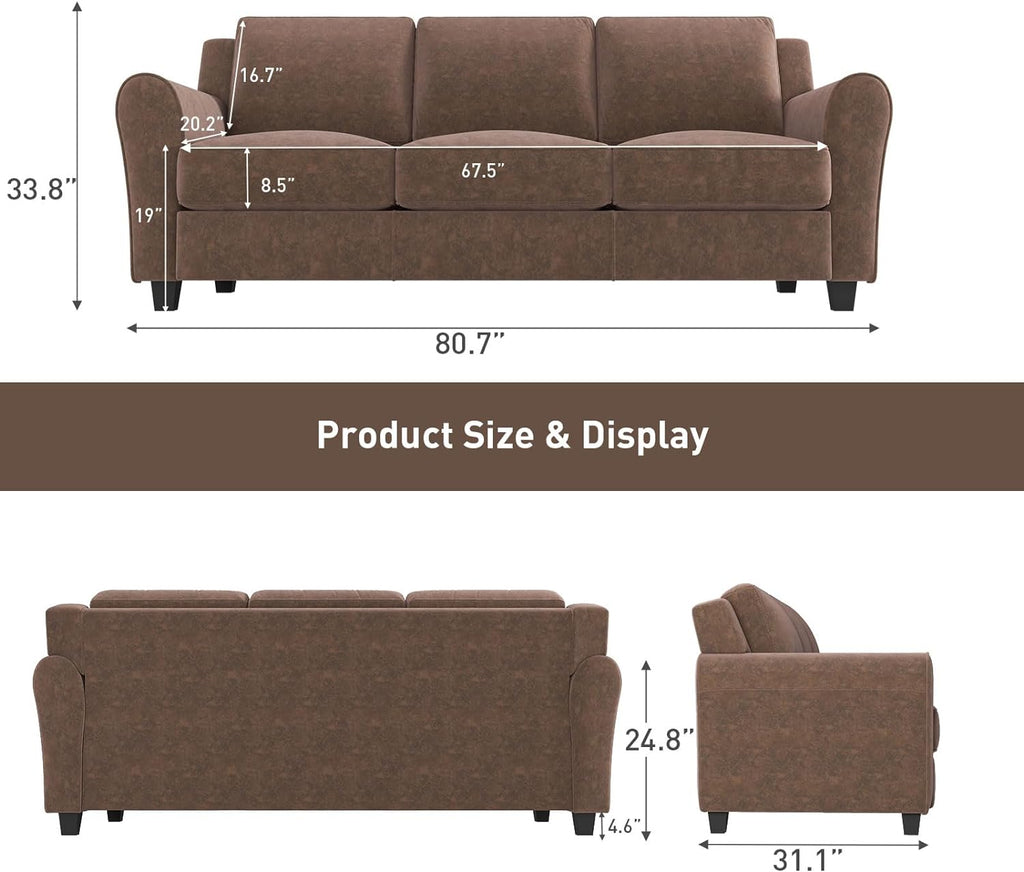 Brown 3 Seater Sofa Couch with Thicked Cushion M543