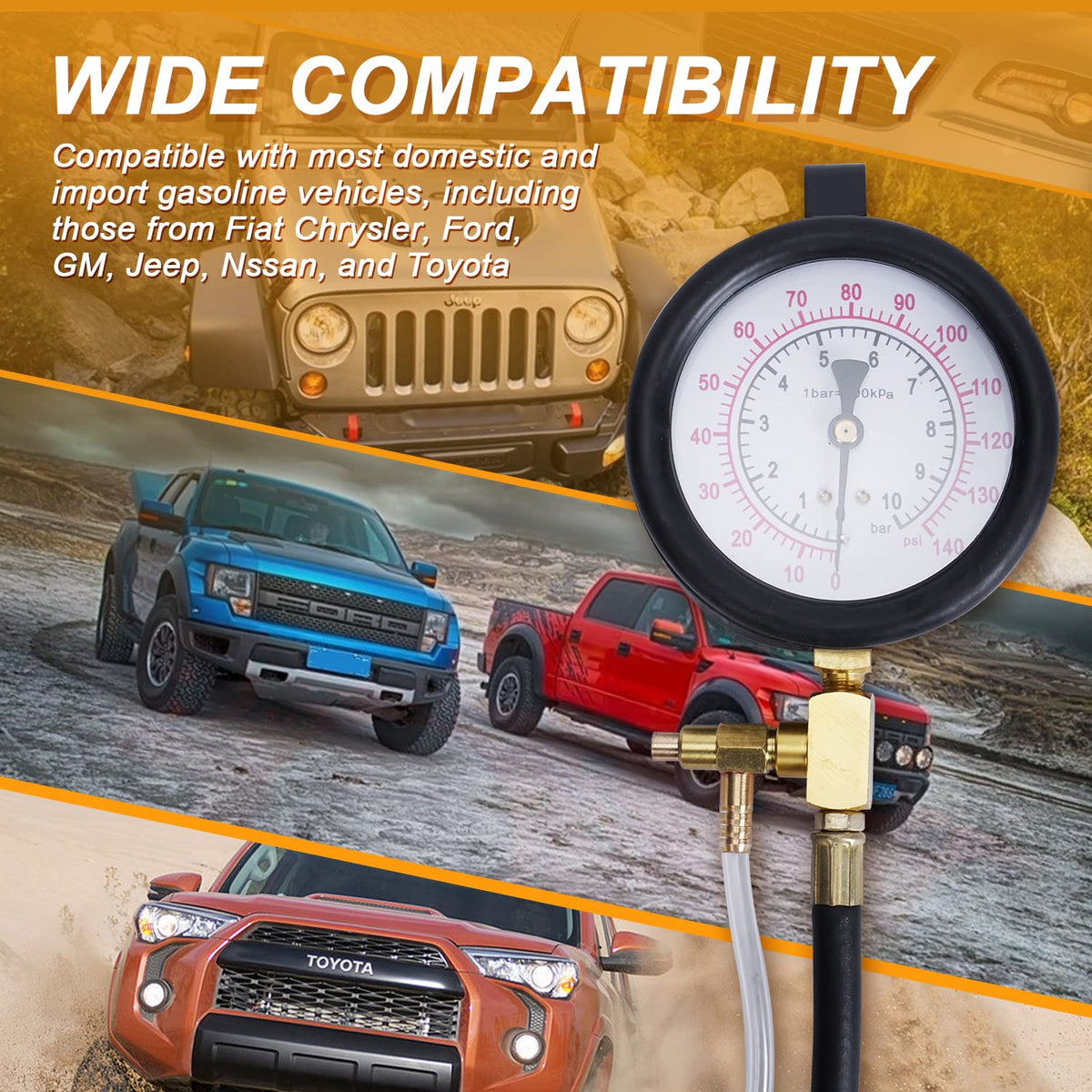 Fuel Injection Pressure Gauge Tester Kit with Adapter Fitting Set, Dual Scale 0-140 PSI / 10 Bar, Pack of 2 P698