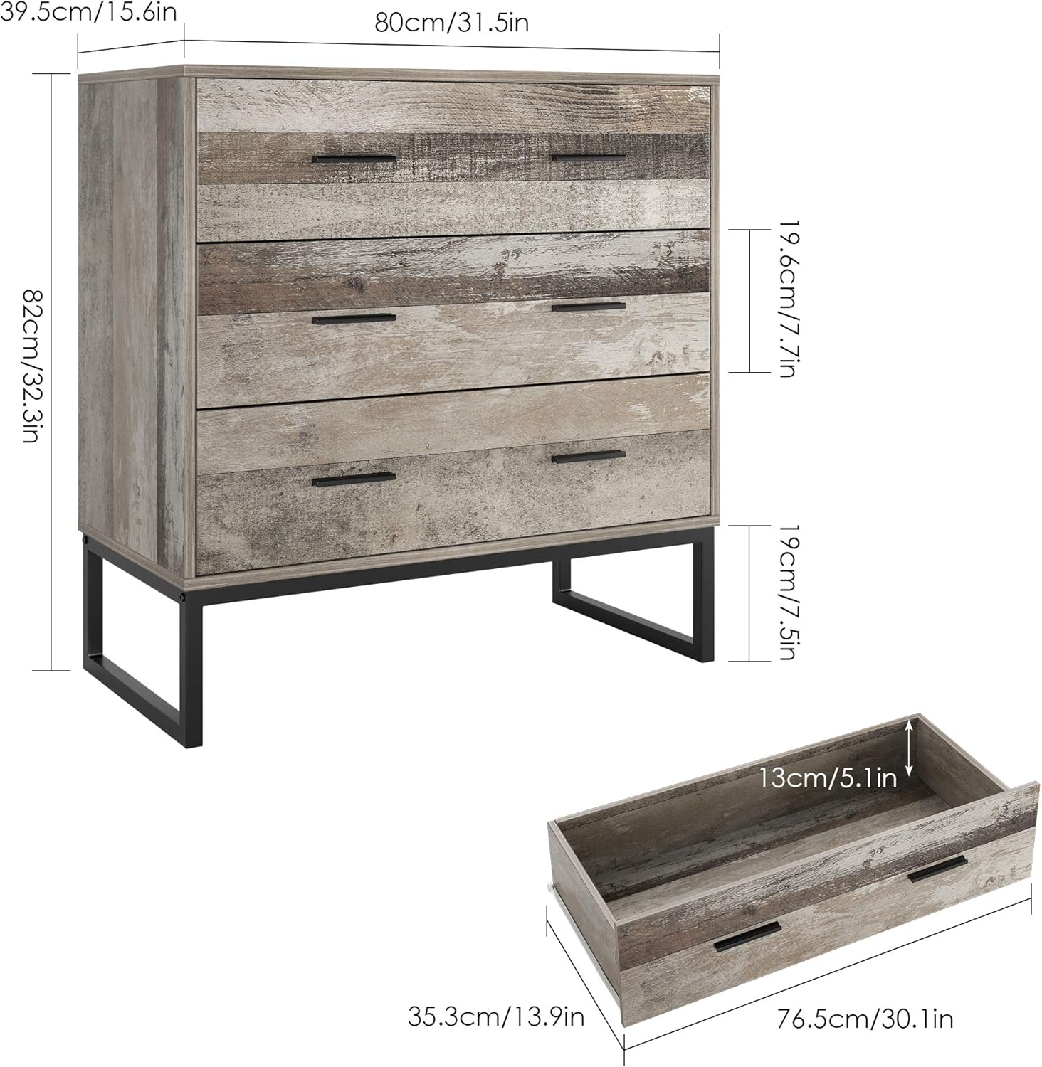 3 Drawer Solid Wood Frame Metal Legs Dresser S516