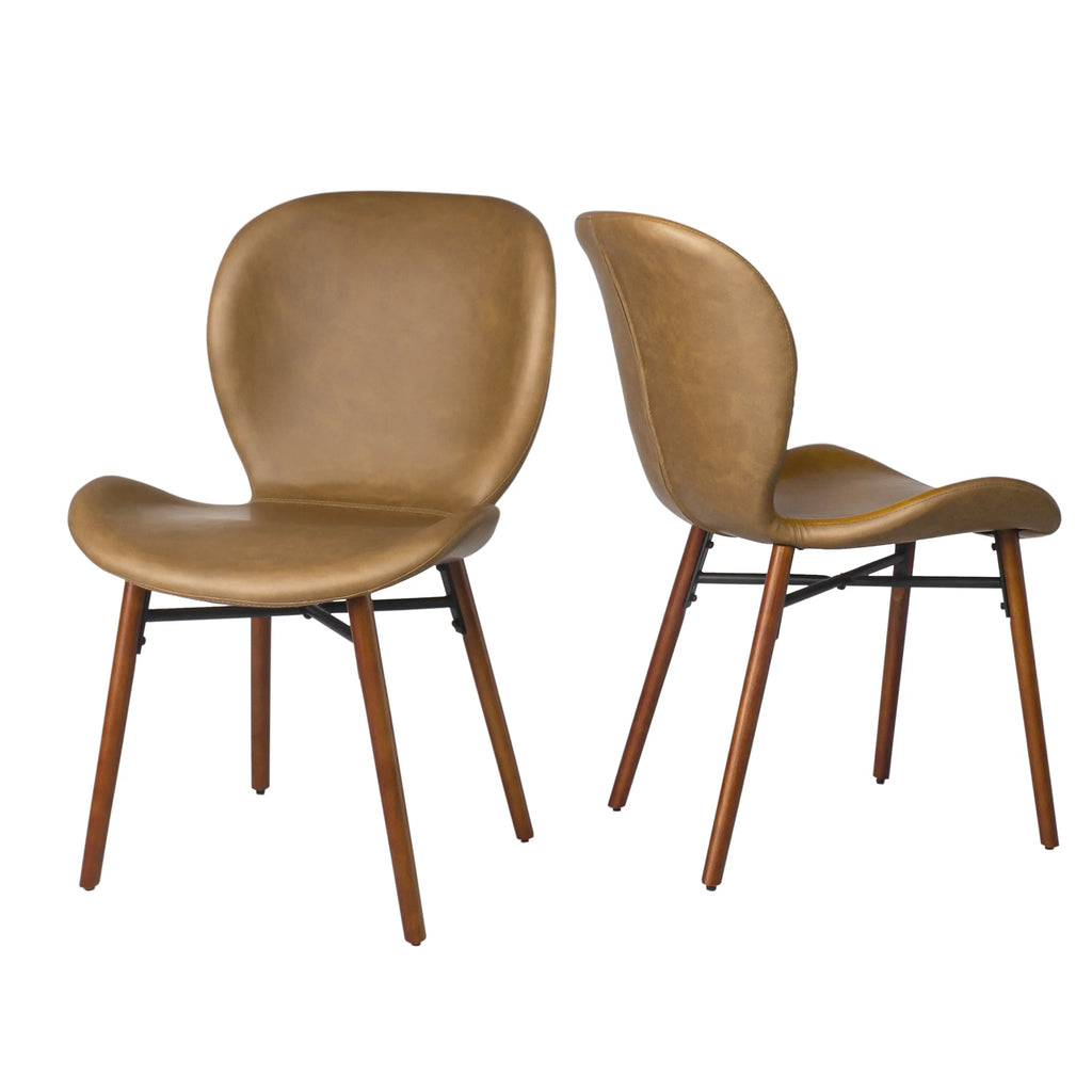 18" Mid Century Leather Dining Chairs, Wood Legged, Set of 2, Brown C61179