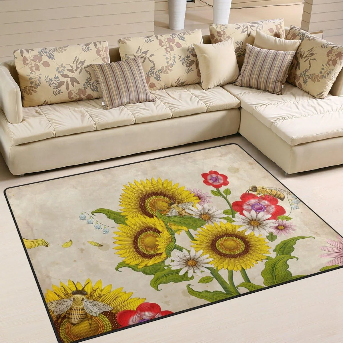 Honey Bees and Wildflowers Lightweight Carpet Mats, 6'8" x 4'10" Area Soft Rugs Floor Mat Rug J889935