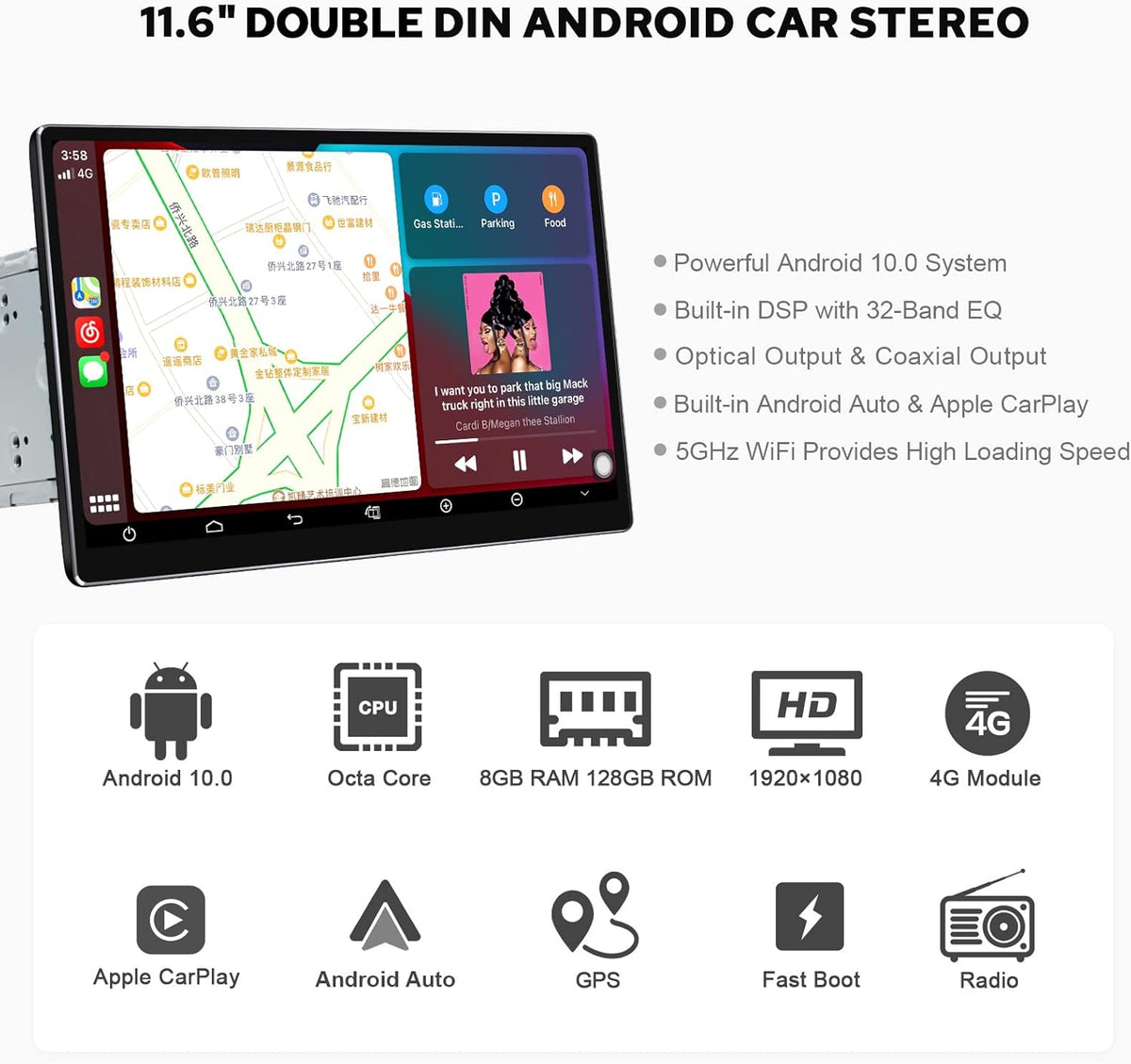 11.6 Inch Double Din Car Stereo with 1920x1080 Screen A297