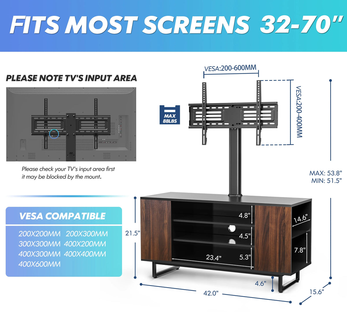 Universal TV Stand Base with Swivel Mount for 32-70 inch Wooden Shelves L695