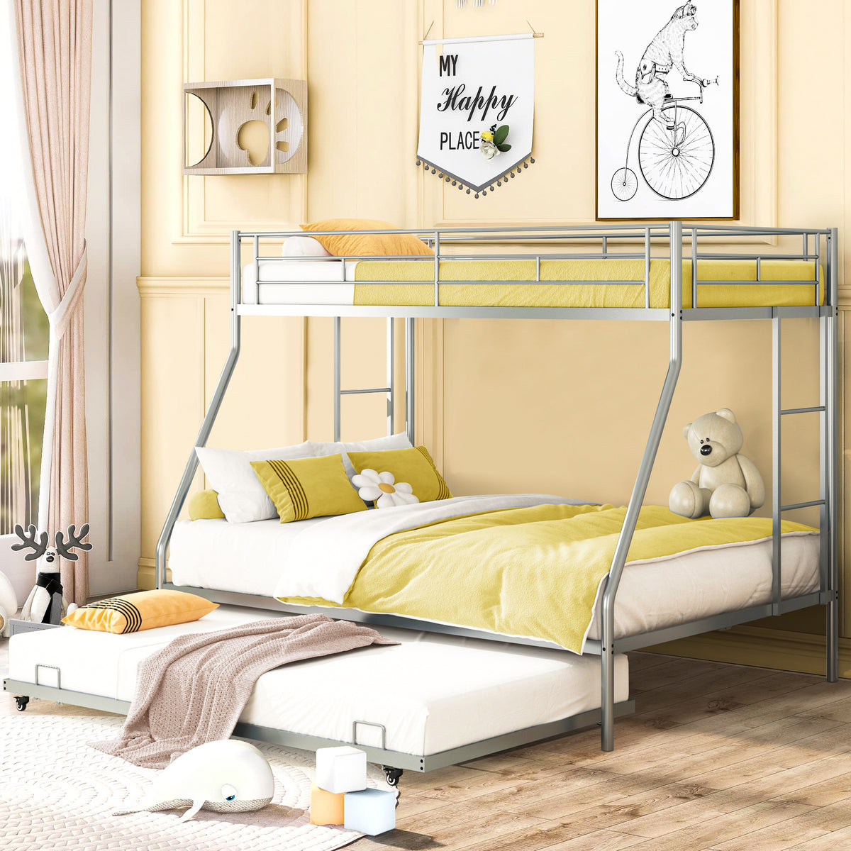 Twin Over Full Metal Bunk Beds with Trundle Bed and Side Ladders L48360