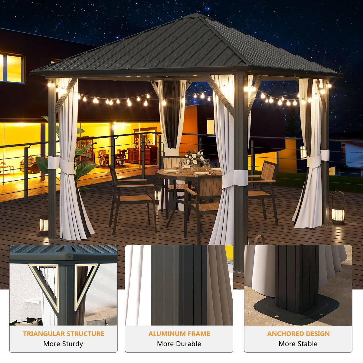 10x 10 Hardtop Gazebo with Netting and Curtain, Gray Z498499