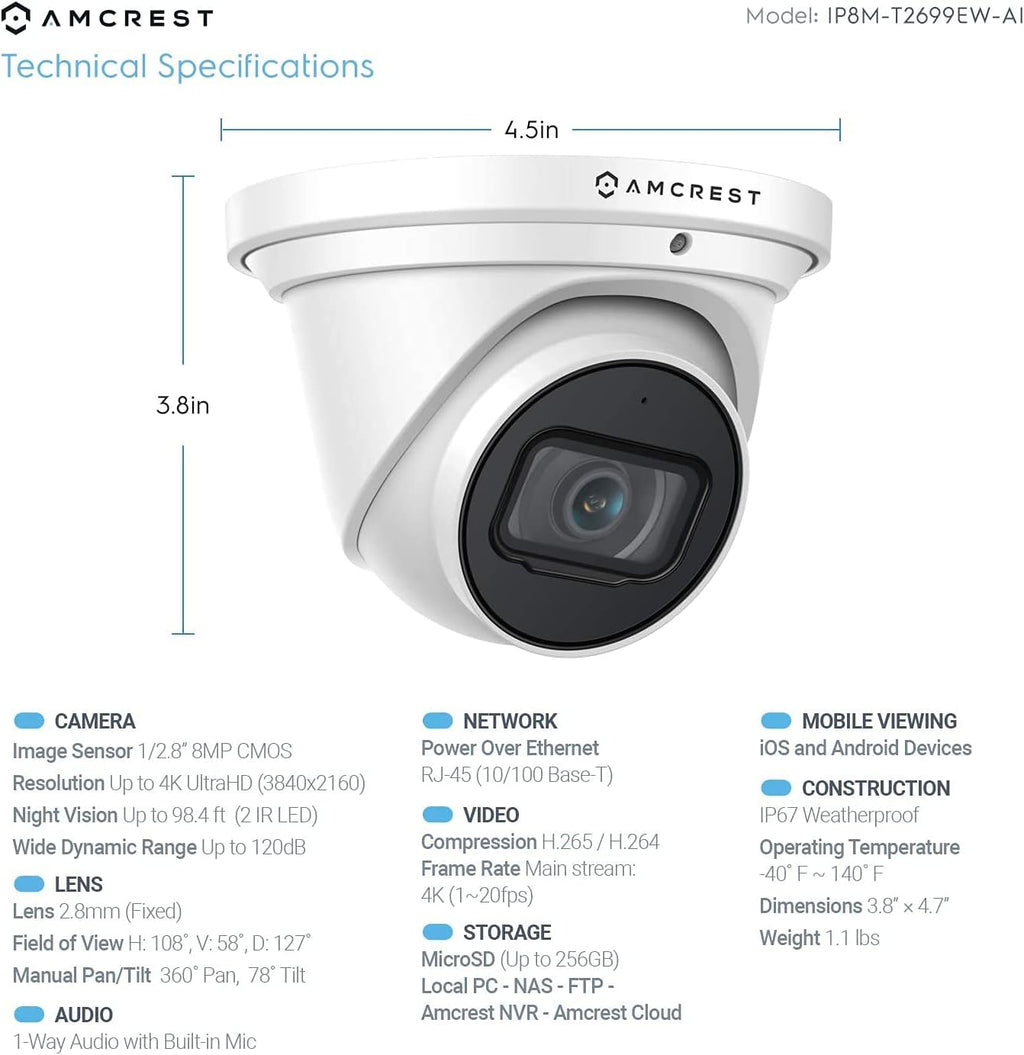 4K POE Outdoor Security Turret IP Camera, White M8889