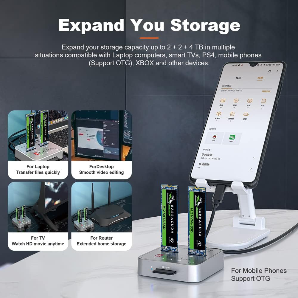 M.2 SATA/NVME External Hard Drive Docking Station with SD Card Reader and Offline Clone Duplicator A23680