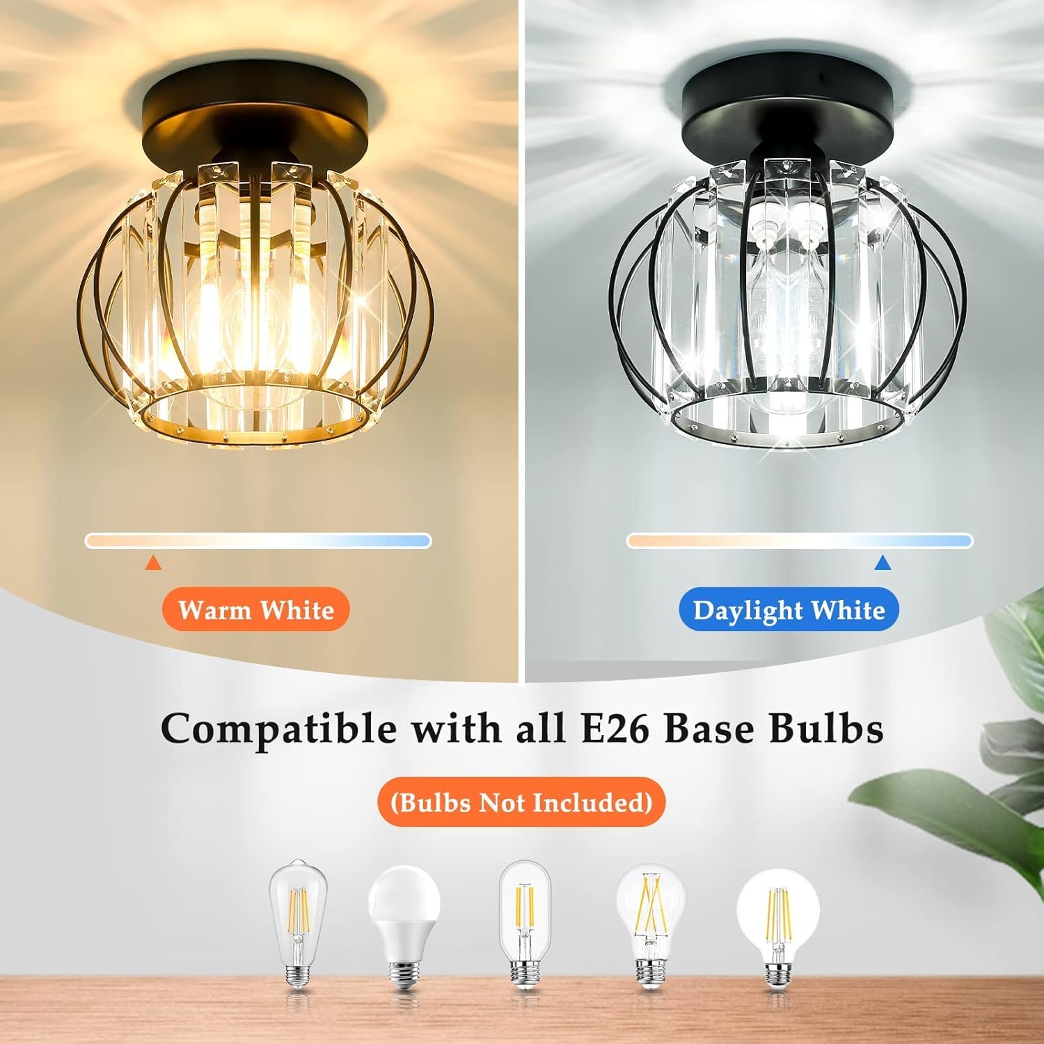 2-Pack Semi Flush Mount Ceiling Light Fixtures Small Crystal Black Metal Cage Indoor U132