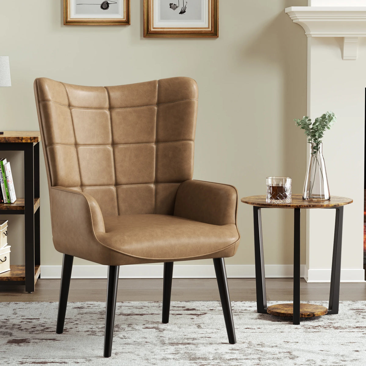 Mid-Century Accent Chairs, PU Leather, Solid Wood Legs, Amber, Set of 2 U367