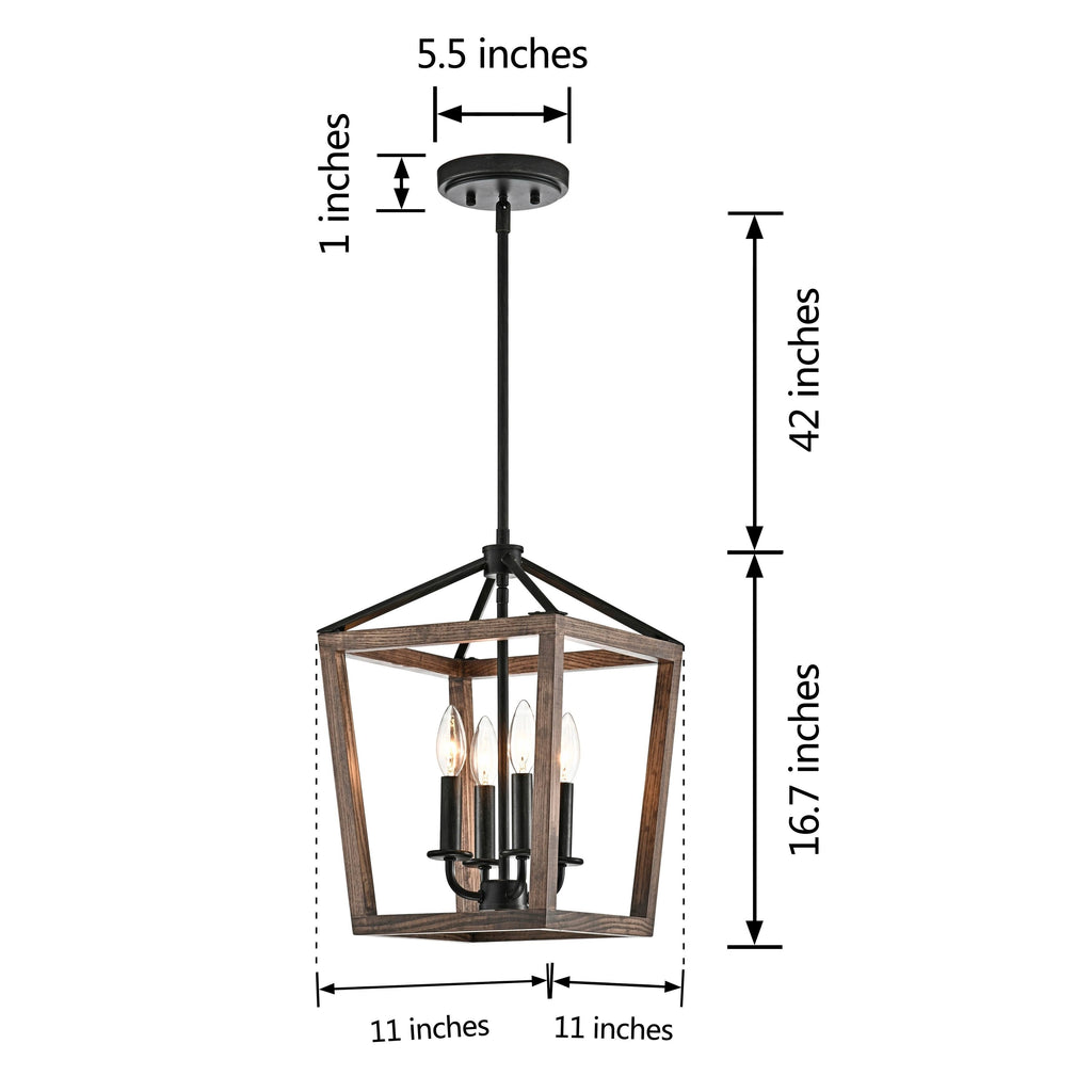 4-Light Antique Black Iron and Wood Cage Chandelier I42203