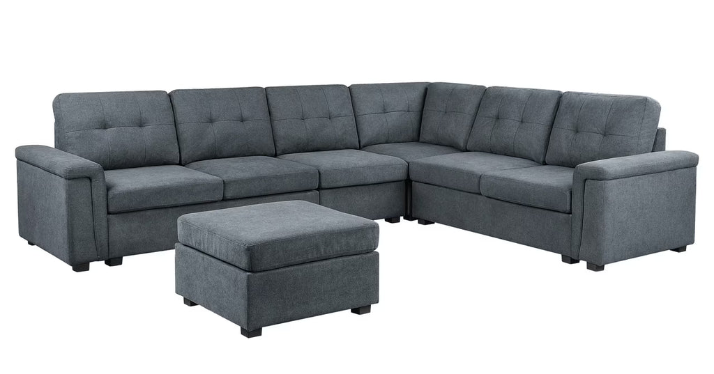 Gray Woven Fabric 7-Seater Sectional Sofa with Ottoman N11940