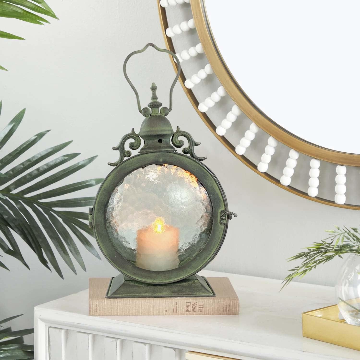 Metal Round Hanging Candle Lantern with Curved Glass Insert B5700