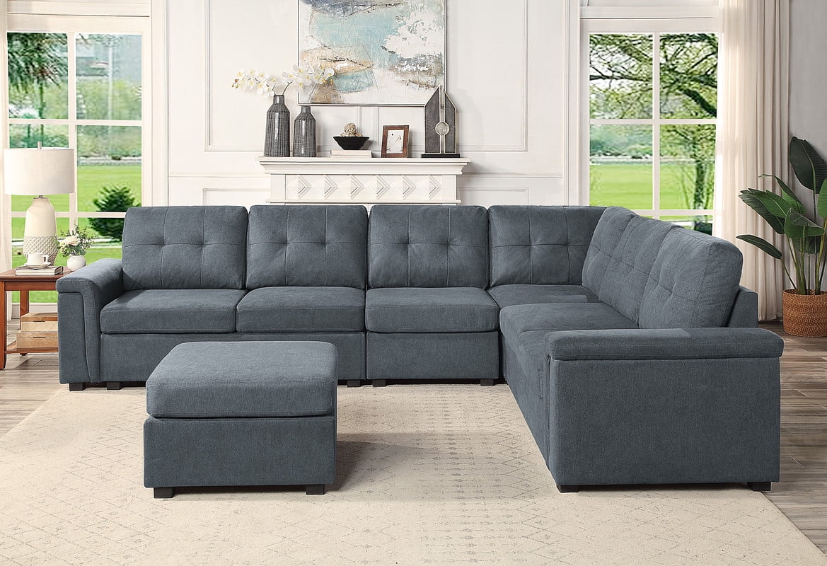 Gray Woven Fabric 7-Seater Sectional Sofa with Ottoman N11940