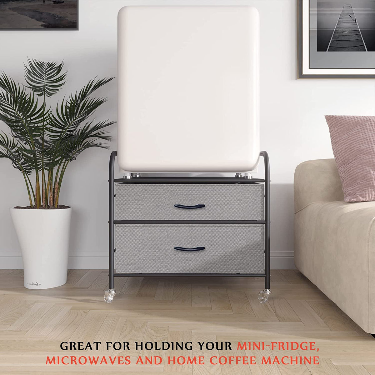 Mini Fridge Stand with 2 Drawer Metal Frame with 4 Swivel Wheels K977580