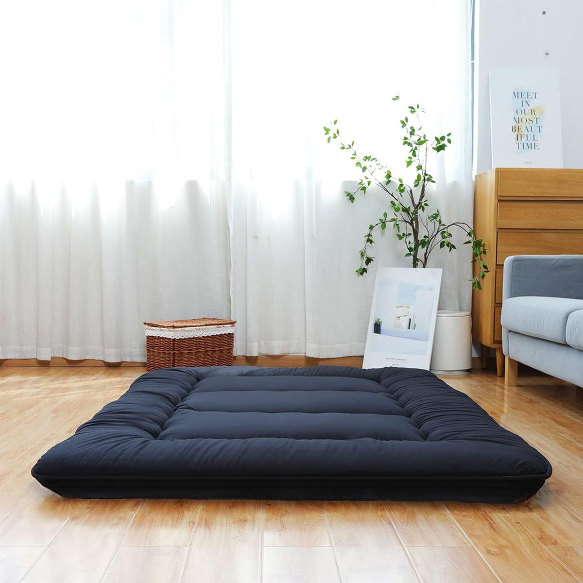 Japanese Foldable Futon Mattress with Washable Cover, Black I1571