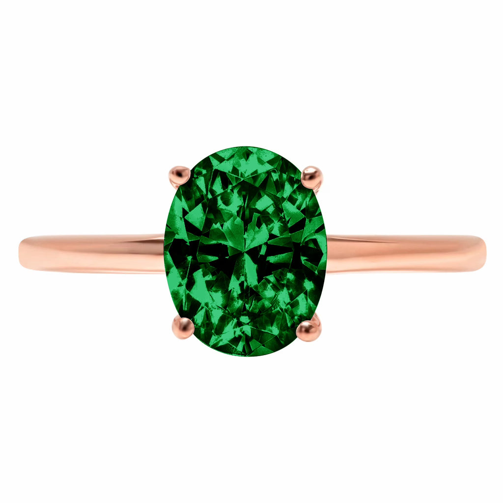 Oval Cut Green Simulated Emerald Solitaire Ring V8020