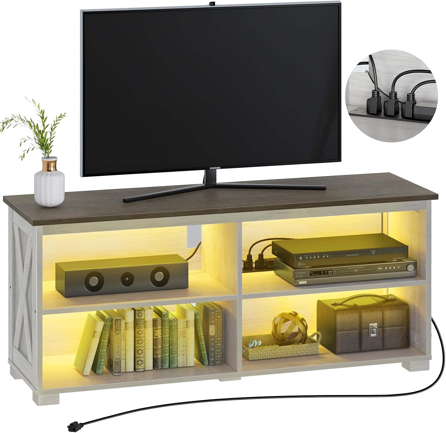 Walnut TV Stand with Power Outlet and LED Lights T242