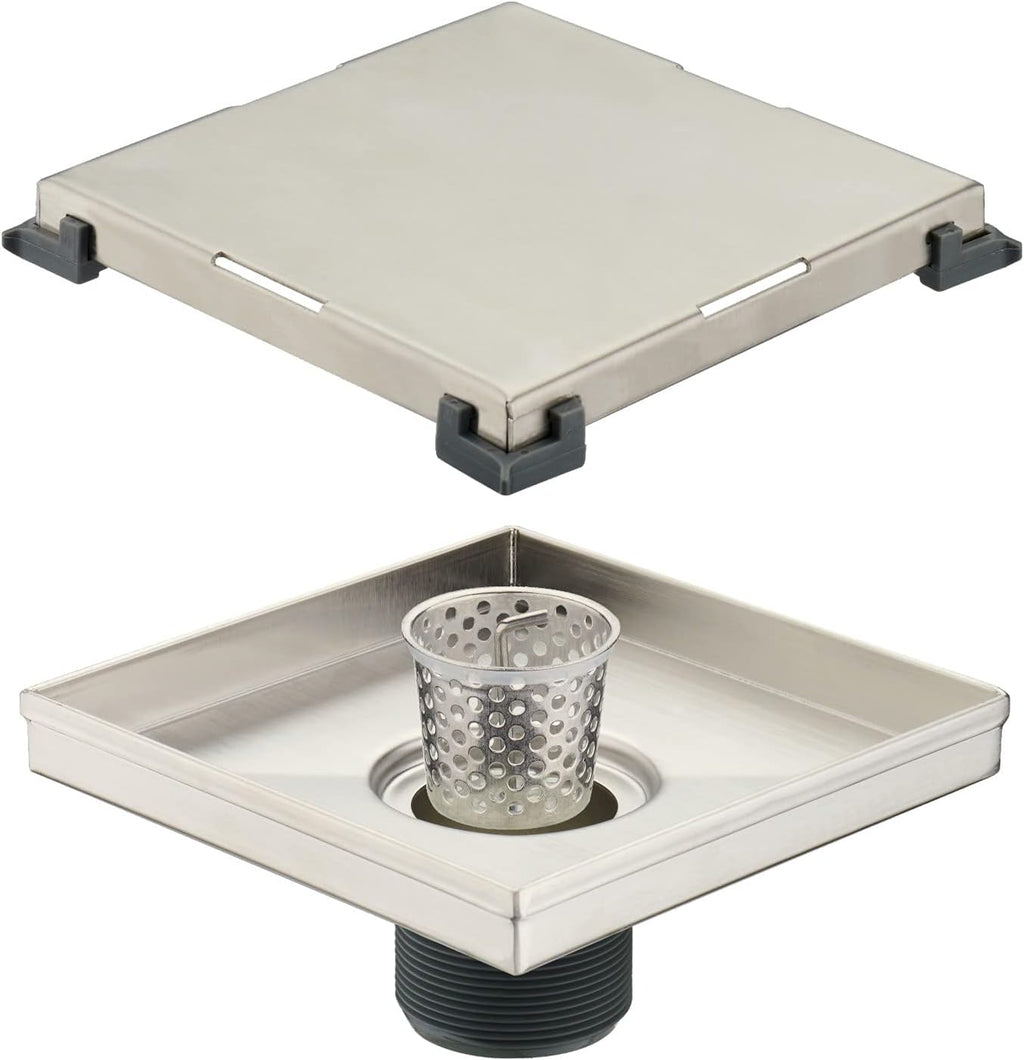 Square Shower Drain 6 inch with Removable Tile Insert and Hair Catcher, SUS 304 Stainless Steel Brushed, Pack of 2 Y148564