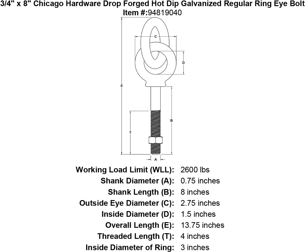 3/4 x 8 Hot Dip Galvanized Regular Ring Eyebolt O591627