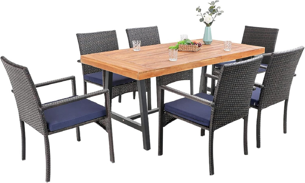 6 Pieces Patio Dining Set with PE Rattan Chairs, Cushions, Rectangle Acacia Wood Table and Bench Z1548