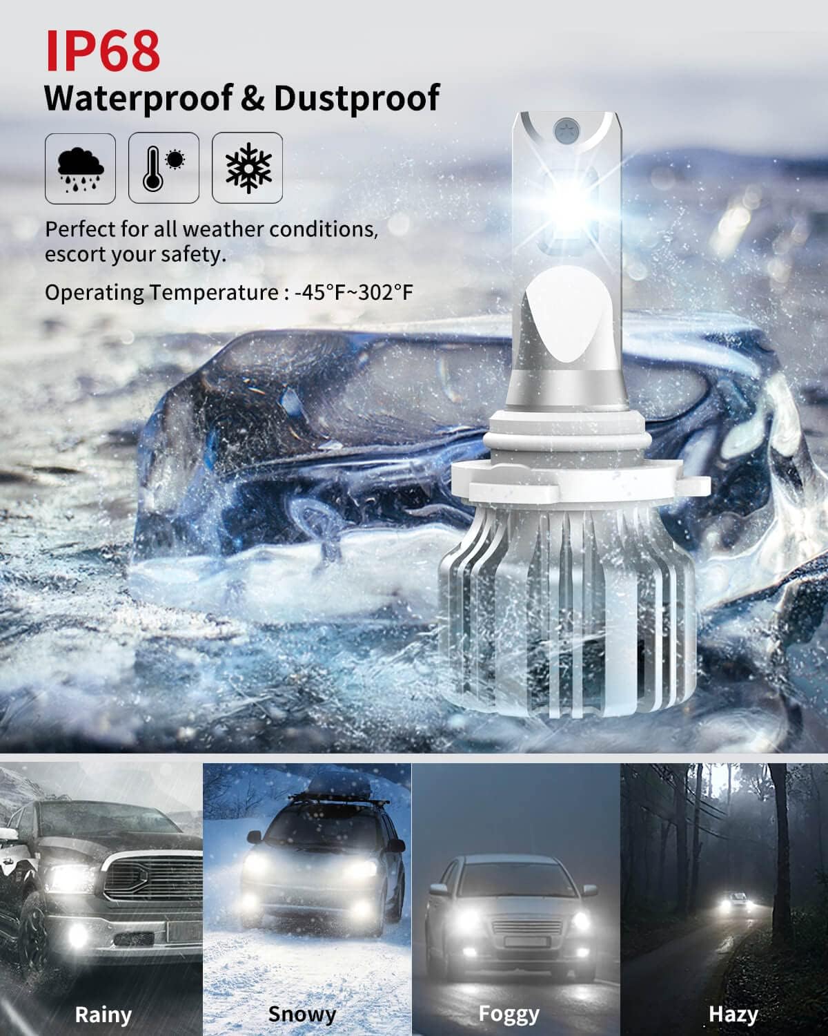 9005 9006 LED Bulbs Combo 10000 Lumens HB3 HB4 6000K Cool White Pack of 4 F200