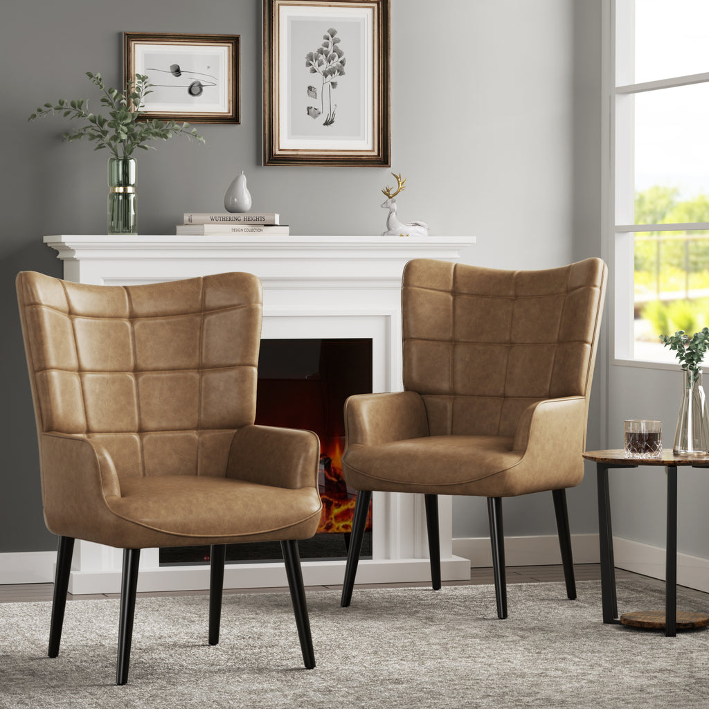 Mid-Century Accent Chairs, PU Leather, Solid Wood Legs, Amber, Set of 2 U367