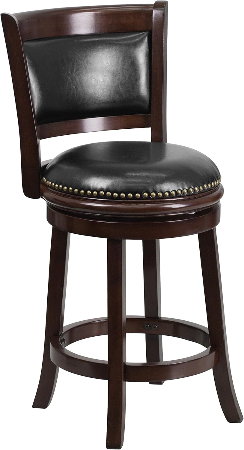 Cappuccino Wood Counter Height Stool with Panel Back and Black LeatherSoft Swivel Seat Z341988