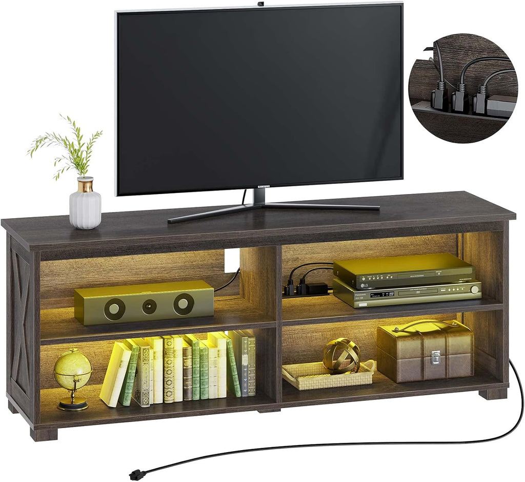 Walnut TV Stand with Power Outlet and LED Lights T242