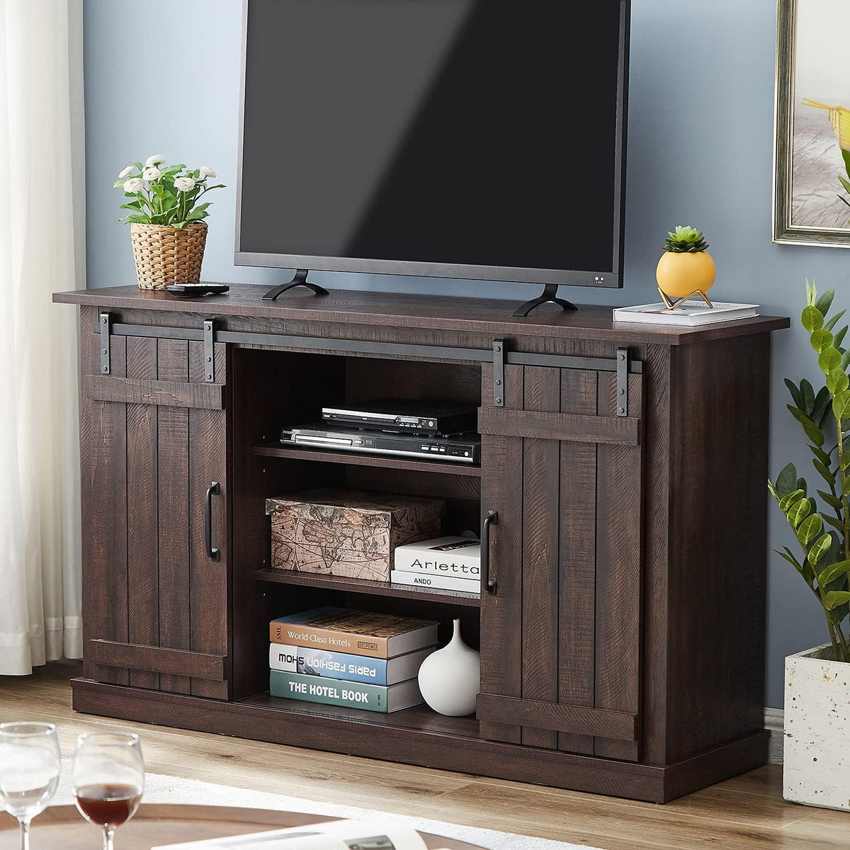 Dark Brown Wood TV Stand with Sliding Barn Door M43997