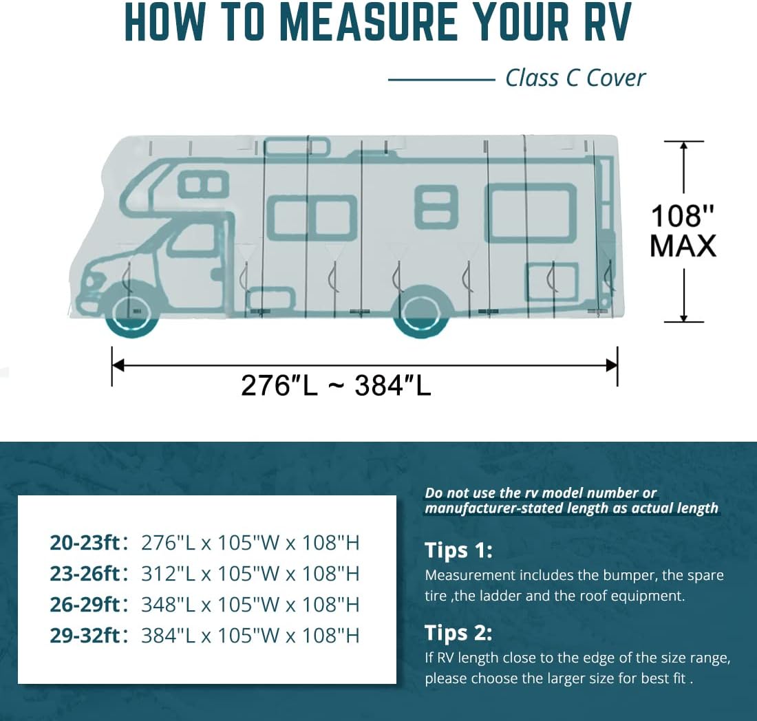 RV Cover, Extra-Thick 5 Layers Anti-UV Top Panel, Fits 26'-29' Motorhome, with 2Pcs Extra Straps & 4 Tire Covers D272400