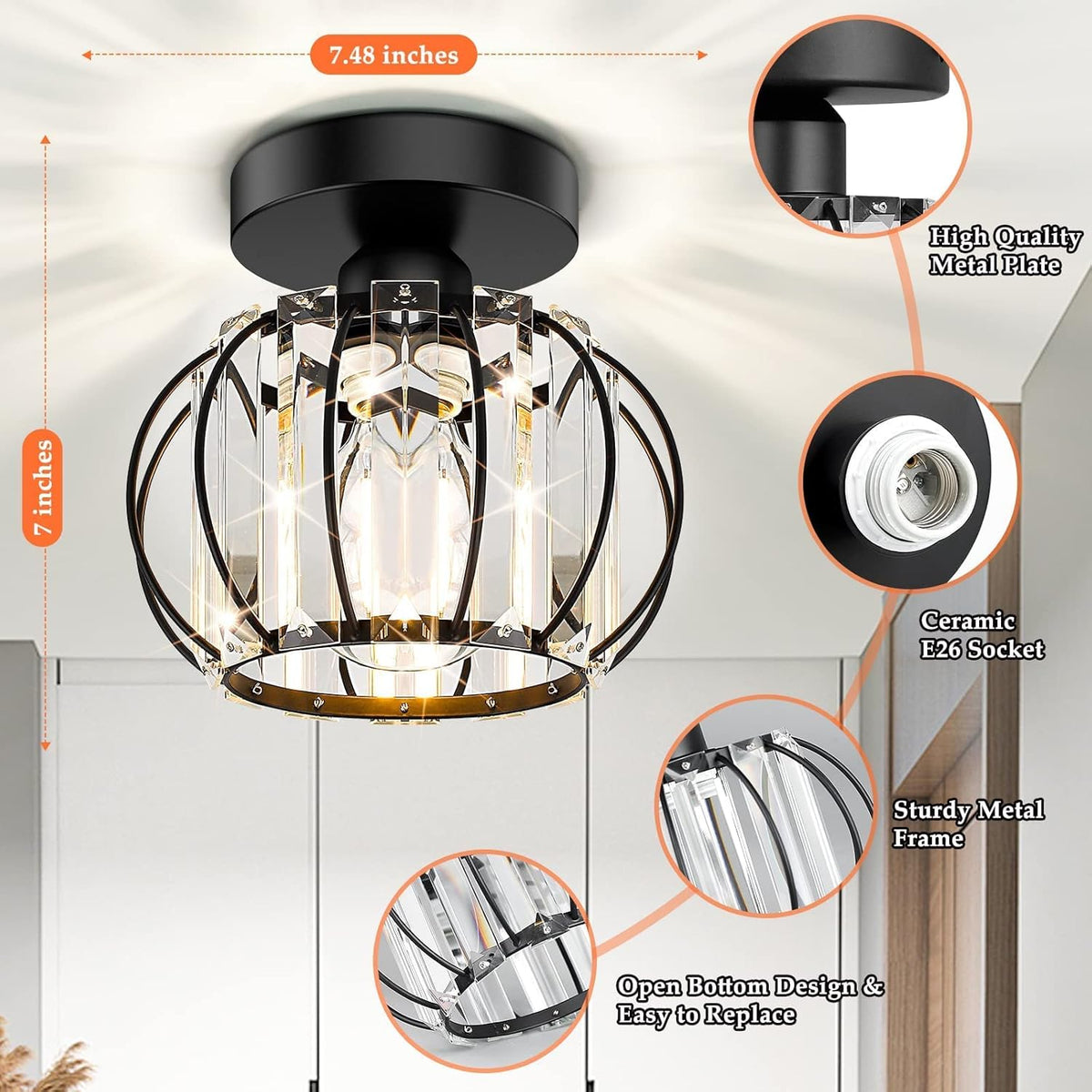 2-Pack Semi Flush Mount Ceiling Light Fixtures Small Crystal Black Metal Cage Indoor U132