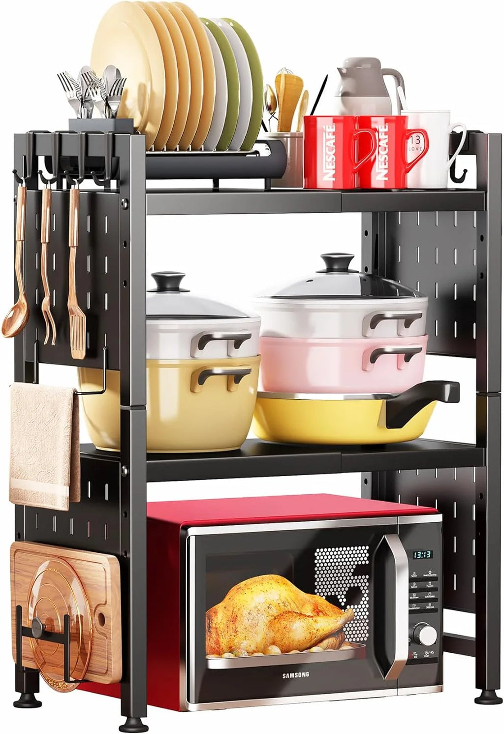 3-Tier Heavy Duty Microwave Stand with 9 Hooks and Cutting Boards Z1929