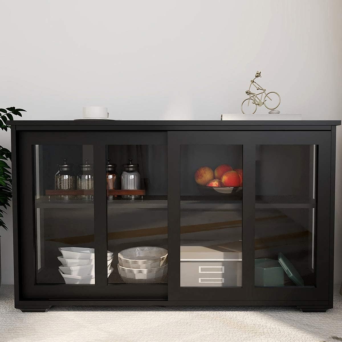 Antique Black Buffet Storage Sideboard with Transparent Glass Sliding Door O1743