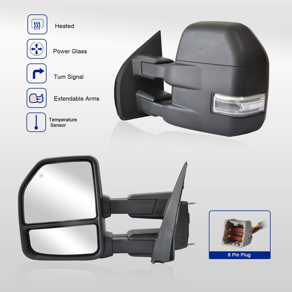 Towing Mirrors for Ford F150 Pickup Truck 2015-2019, Power Heated with Turn Signal, 8 Pin Plug, Black Cap J861