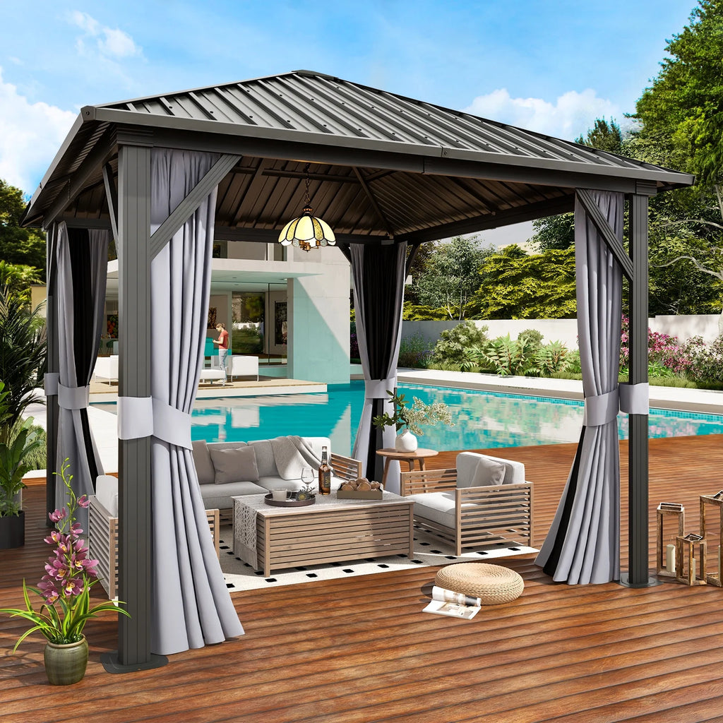 10x 10 Hardtop Gazebo with Netting and Curtain, Gray Z498499