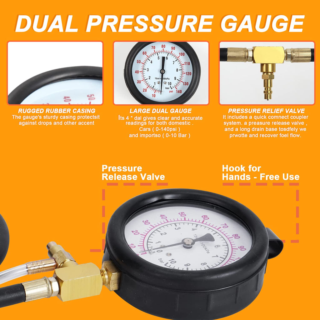 Fuel Injection Pressure Gauge Tester Kit with Adapter Fitting Set, Dual Scale 0-140 PSI / 10 Bar, Pack of 2 P698